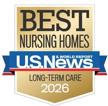A badge-shaped award graphic with a gold background, featuring the text "BEST NURSING HOMES" at the top, a blue banner with the "U.S. News & World Report" logo beneath it, and "LONG-TERM CARE 2026" at the bottom.